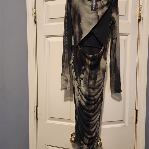 Khaki Abstract print mesh wrap cut out midaxi dress - Picture 6 of 6